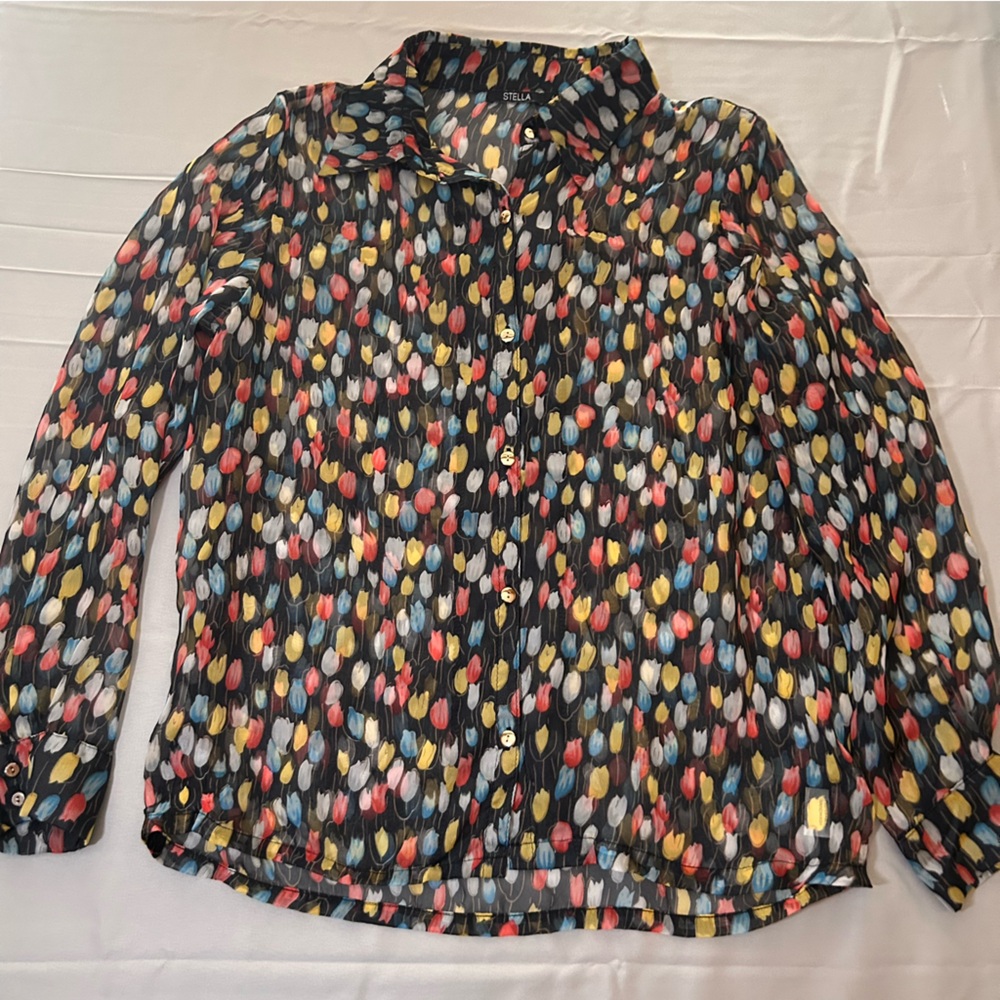 STELLA Sheer Tulip Print Button Front Blouse Black Multicolor Long Sleeve Size 4
